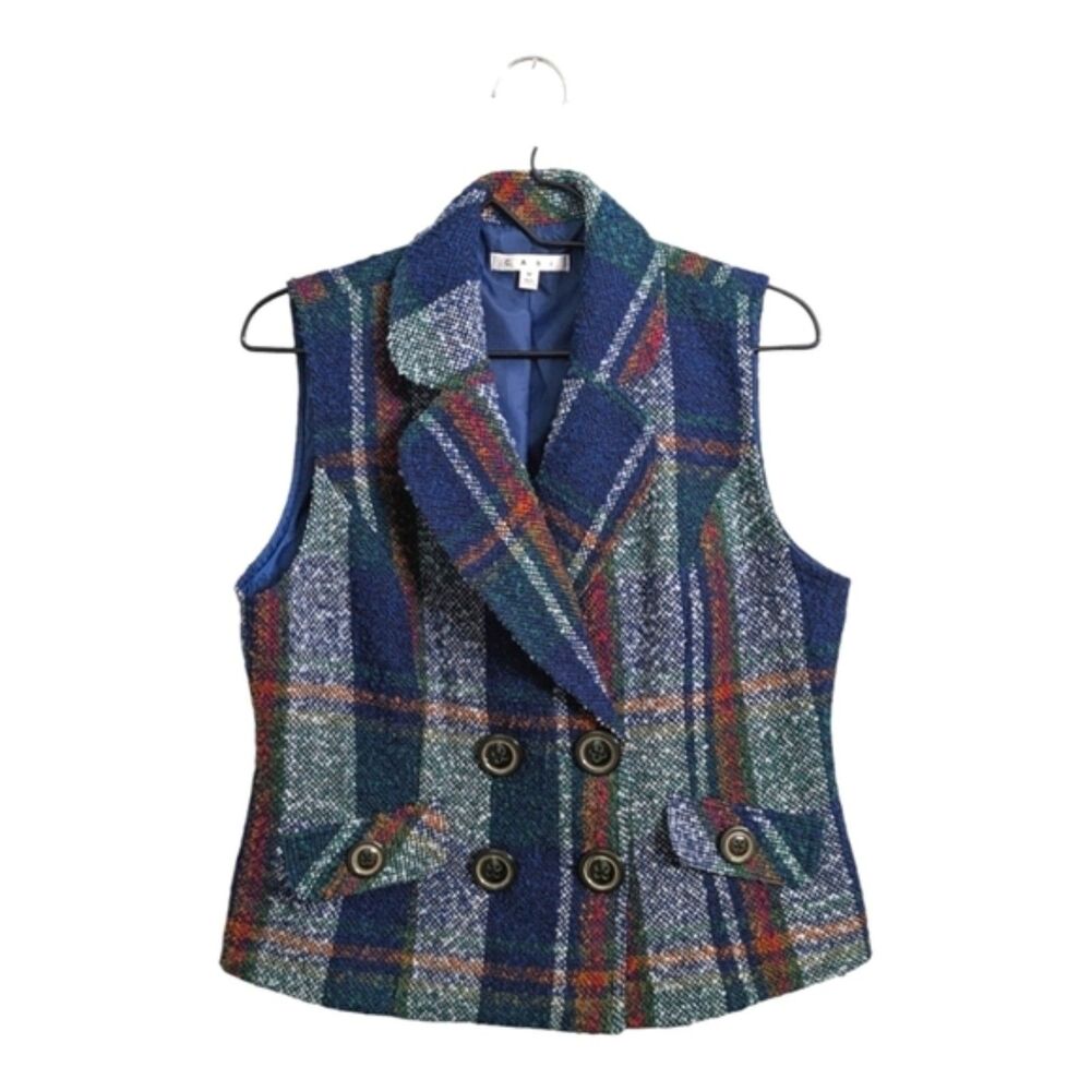CAbi Wool Blend Blue Gray Plaid Tweed Double Breasted Vest Buttons Collar Fall M